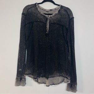 We The Free Women's Black Acid Wash Linen Blend Long Sleeve Half Button Top